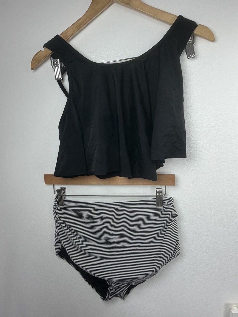 2Piece Tankini Swimsuit Black Ruffle Top Striped High Waist Size S - Picture 4 of 12